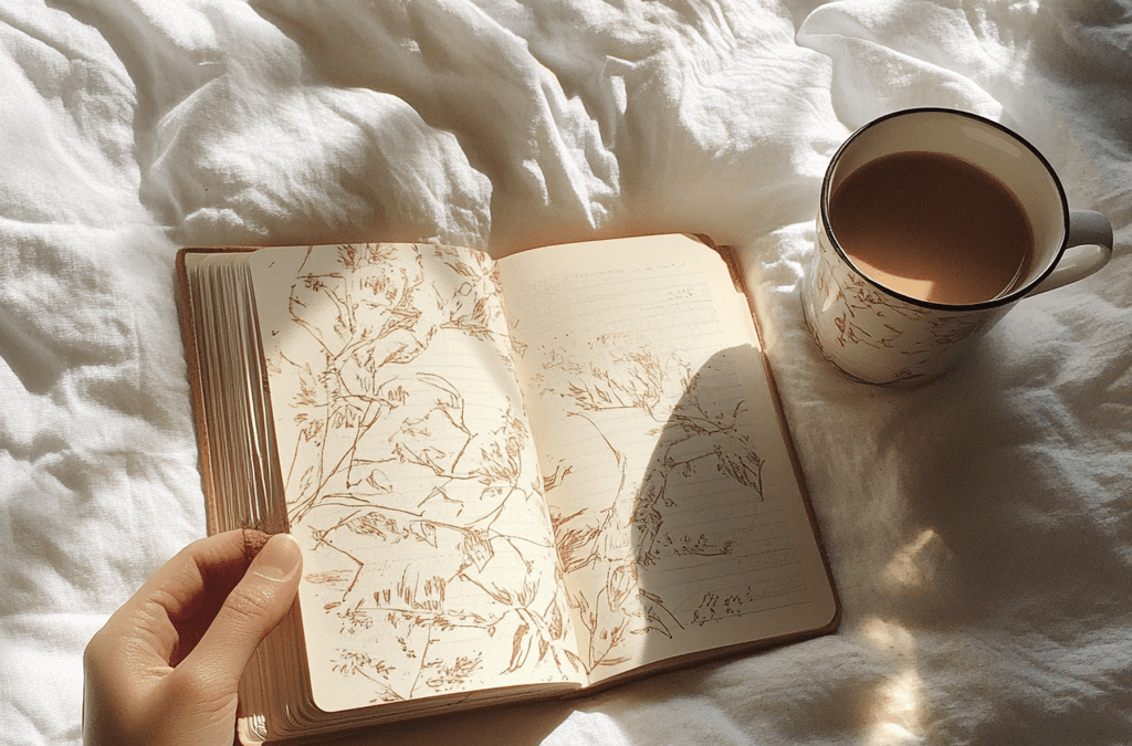Pov of Woman sitting in quiet reflection, scribbles on her journal, symbolizing the emotional experience of feeling lost and disconnected from her desires.