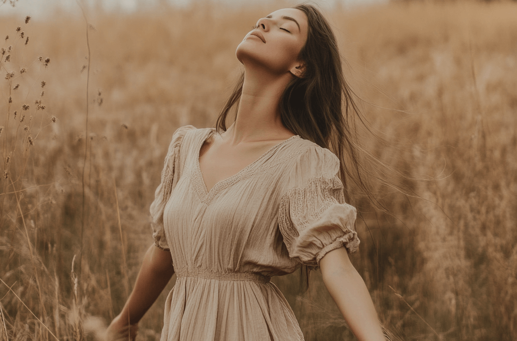 Woman moving gently with eyes closed, symbolizing how to access your inner power through feminine embodiment and self-connection.